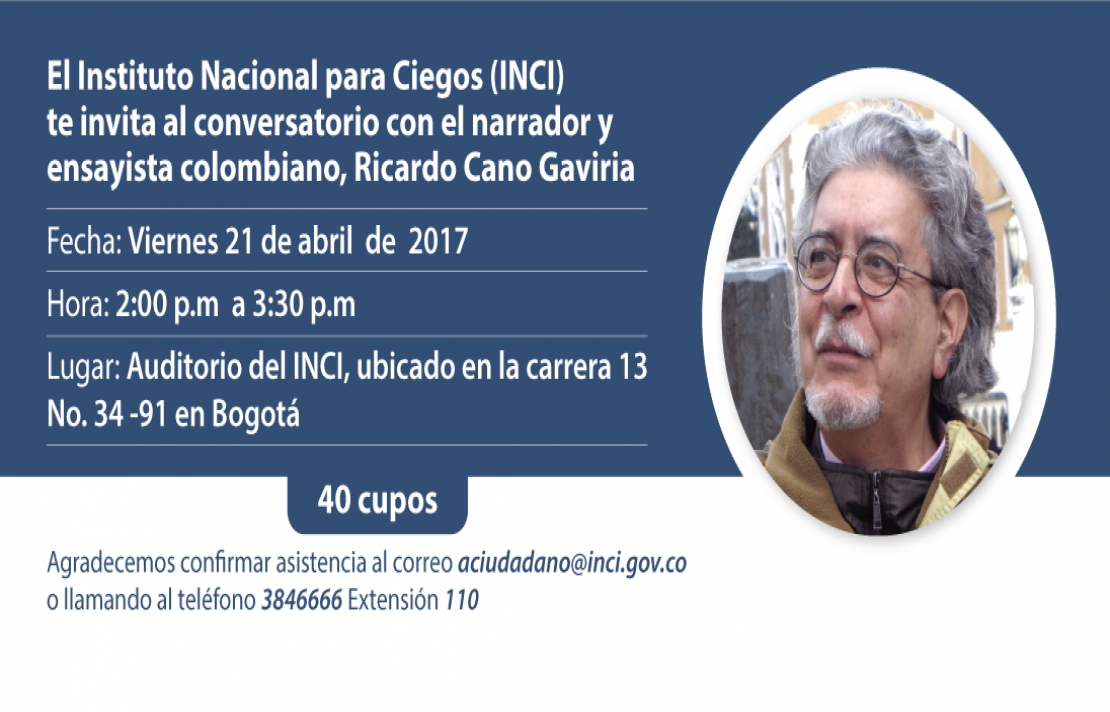 Banner de invitación al conversatorio con Ricardo Cano Gaviria, narrador y ensayista colombiano