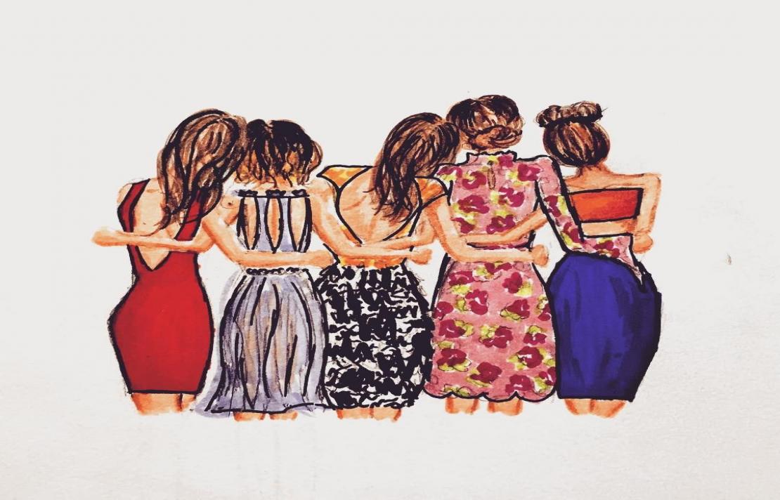 Entre Amigas Dibujo de varias mujeres de espalda abrazadas