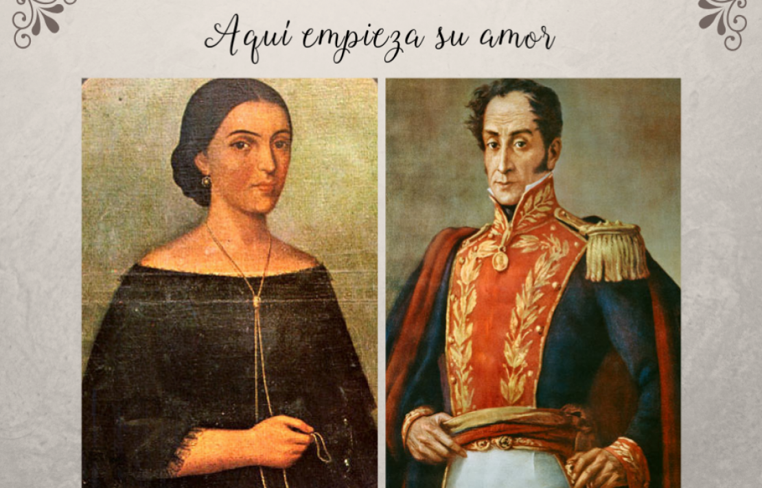 Simón Bolivar Imagen pintada de Manuelita Saenz y Simón Bolívar en la parte superior se lee aquí empieza su amor