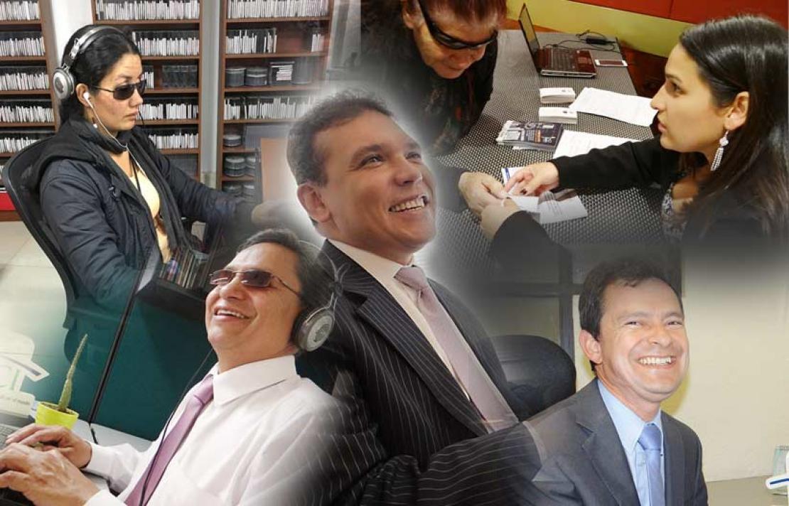 imagen de varias personas con discapacidad visual que trabajan en el inci que se funden en un collage, aparece Luisa Moreno, Hermes Cely, El Directo Carlos Parra, Diana Parra y el Subdirector Pedro Andrade