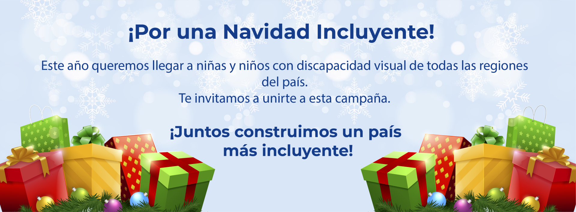 ¡Por una navidad Incluyente!  Este año queremos llegar a niñas y niños con discapacidad visual de todas las regiones del país. Te invitamos a unirte a esta campaña.  ¡Juntos construimos un país más incluyente!