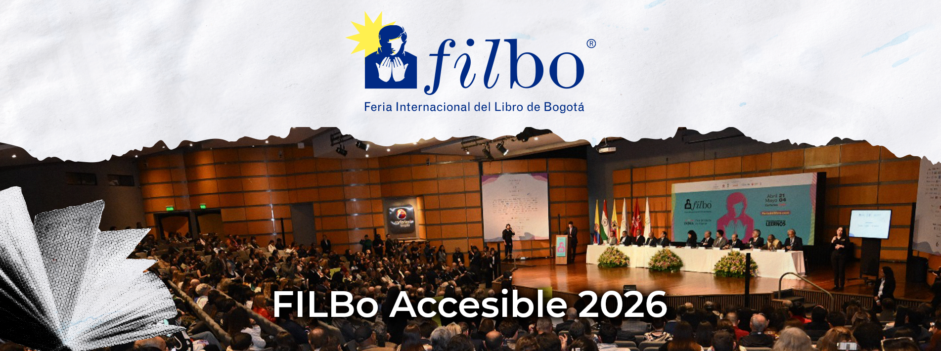Auditorio lleno durante un evento de la Feria Internacional del Libro de Bogotá (FILBo) con el logo de la feria y el texto “FILBo Accesible 2026”.