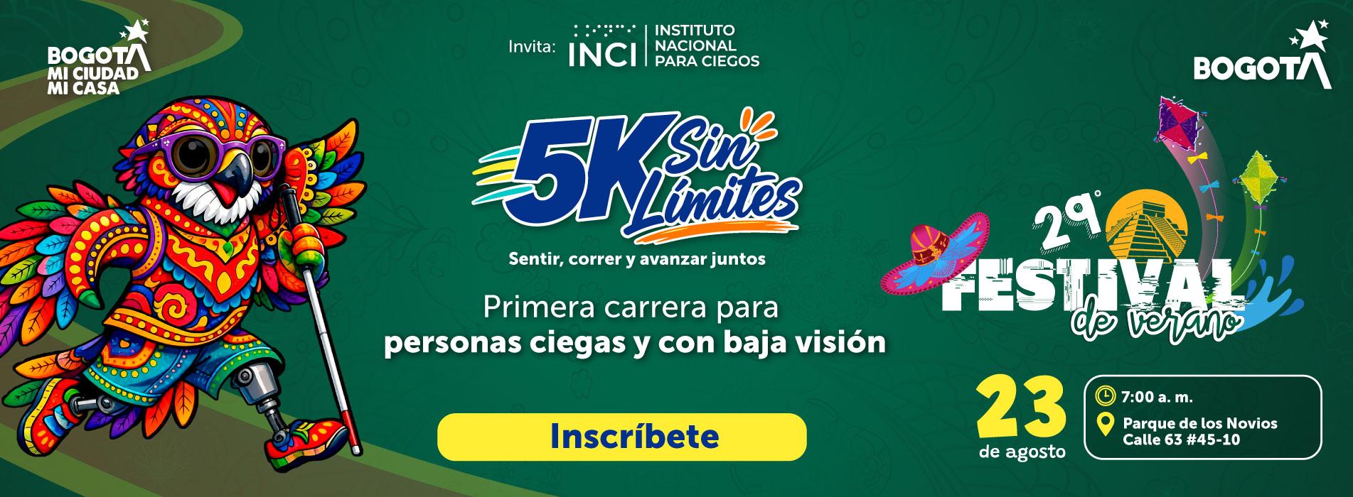 Banner de la carrera 5K Sin Límites, primera carrera para personas ciegas y con baja visión. Se realizará el 23 de agosto a las 7:00 a. m. en el Parque de los Novios, calle 63 #45-10, en el marco del Festival de Verano de Bogotá.