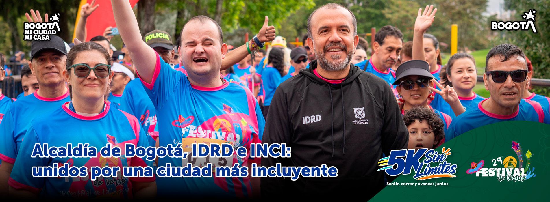 Banner de la carrera 5K Sin Límites con participantes con discapacidad visual, acompañados por Daniel García, director del IDRD, y Andrea Carolina Chacón, directora del INCI. Mensaje: “Alcaldía de Bogotá, IDRD e INCI: unidos por una ciudad más incluyente”.