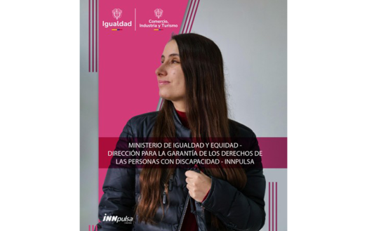Publicidad de iNNpulsa Colombia donde se observa una mujer de cabellos largo mirando a su ladun tono magenta similar al usado en el ministerio de Igualdad y un tono gris.