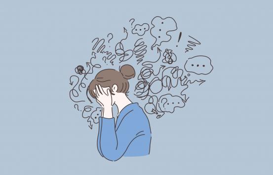 imagen animada de una mujer que cubre sus ojos se ven imágenes de pensamientos