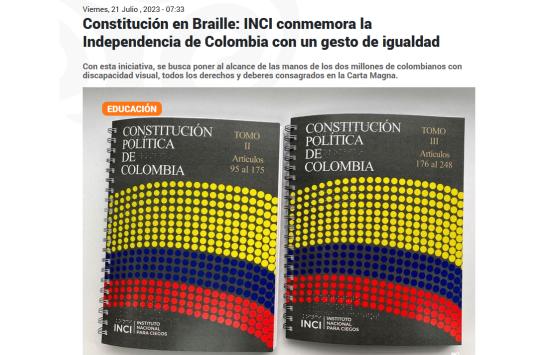 Captura de pantalla página web Radio Nacional de Colombia - Constitución en Braille: INCI conmemora la Independencia de Colombia con un gesto de igualdad