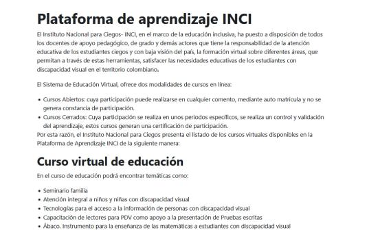 Captura de pantalla - Plataforma de aprendizaje INCI