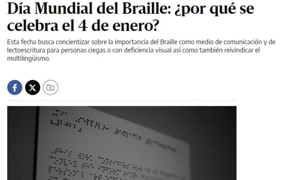 Captura de pantalla sitio web El Diario Argentina https://www.eldiarioar.com/ - Nota Día Mundial del Braille: ¿por qué se celebra el 4 de enero?