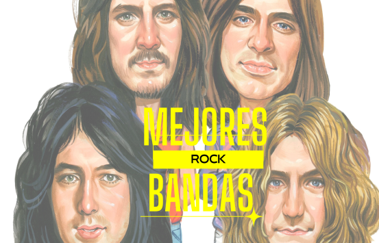 comic de la banda Led Zepelín en el centro hay un texto de color amarillo que dice mejores bandas rock