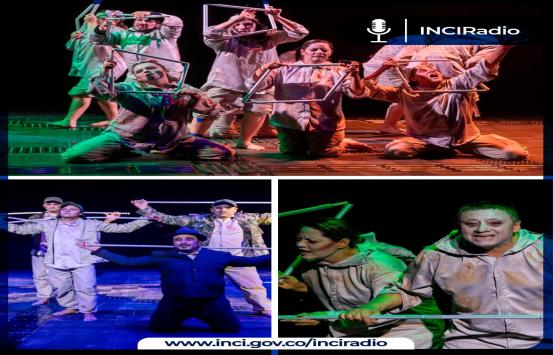 collage de las imágenes del evento, en plano principal fondo verde pasando a rojo los artistas están sobre un escenario con baldosa podoctáctil, los artistas formas figuras con un bastón plegable