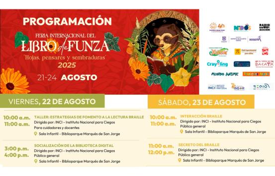 Programación de la Feria Internacional del Libro de Funza – Cundinamarca, donde el INCI participará con el taller: Estrategias de fomento a la lectura braille