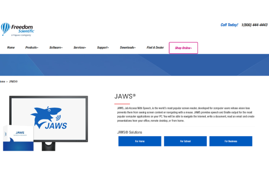 Captura de pantalla del sitio web oficial de JAWS Software https://www.freedomscientific.com/products/software/jaws/