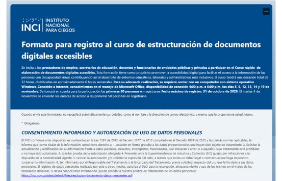 Captura de pantalla del formulario de inscripción