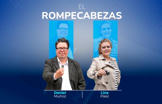 Sobre un fondo azul aparece centrado el texto el rompecabezas en color blanco, más abajo a la izquierda está Daniel Muñoz y a la derecha la doctora lina Paez, los dos sostienen una pieza de rompecabezas en su mano