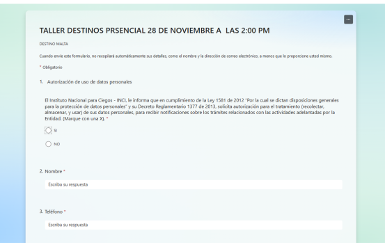 Captura de pantalla de formulario de inscripción al taller “Destinos: Malta a través de los sentidos”
