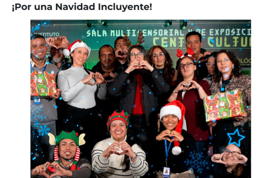 Captura de pantalla de la campaña institucional ¡Por una Navidad Incluyente!, en ella se observa a Andrea Carolina Chacón, Directora del INCI, acompañada de varios funcionarios del Instituto