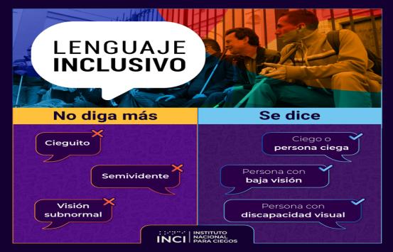 lenguaje inclusivo no diga mas cieguito, semividente, visión subnormal, se dice, persona ciega, ciego, persona con baja visión, persona con discapacidad visual, la imagen cuenta en la parte superior con varias personas ciegas sentadas sonriendo, en la parte inferior sobre fondo azul con letra en blanco instituto nacional para ciegos inci