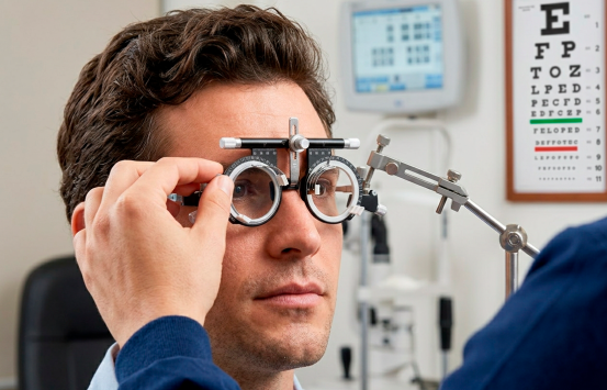 Paciente durante un examen visual en una consulta de optometría, usando un armazón de prueba mientras un especialista ajusta los lentes. Al fondo se observan equipos oftalmológicos y una tabla de agudeza visual.