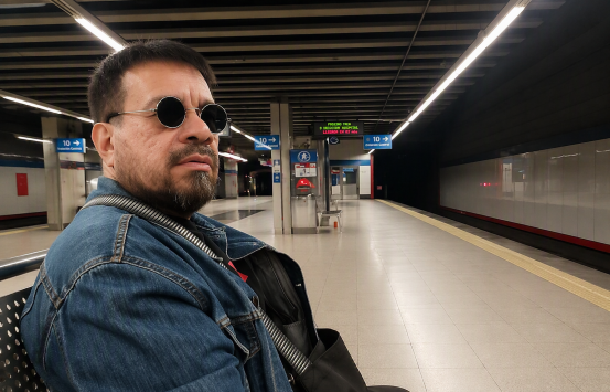 Braulio Mogollón está sentado en un andén de metro o tren subterráneo. Lleva una chaqueta de mezclilla azul, gafas redondas oscuras y un bolso cruzado sobre el pecho. La fotografía fue tomada de perfil, mostrando la parte superior del cuerpo mientras está sentado mirando hacia las vías.
