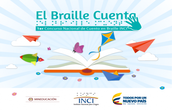 banner concurso nacional de cuento en braille, en la imagen un libro abierto del cual salen mariposas cometas y aviones de papel