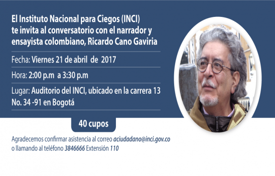 Banner de invitación al conversatorio con Ricardo Cano Gaviria, narrador y ensayista colombiano