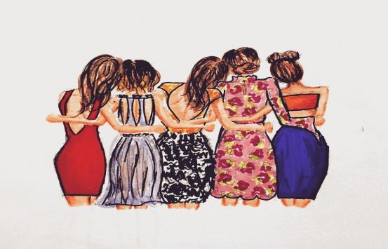 Entre Amigas Dibujo de varias mujeres de espalda abrazadas