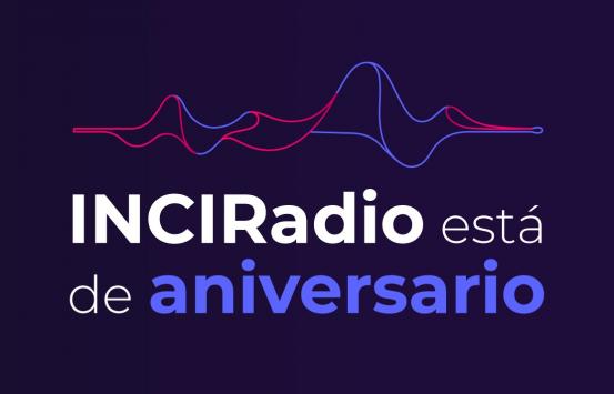 inciradio está de aniversario sobre un fondo color morado oscuro, aparece un juego de ondas sin forma aparente y debajo dice inciradio está de aniversario