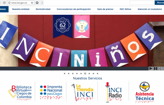 Pantallazo del home de la página web del INCI
